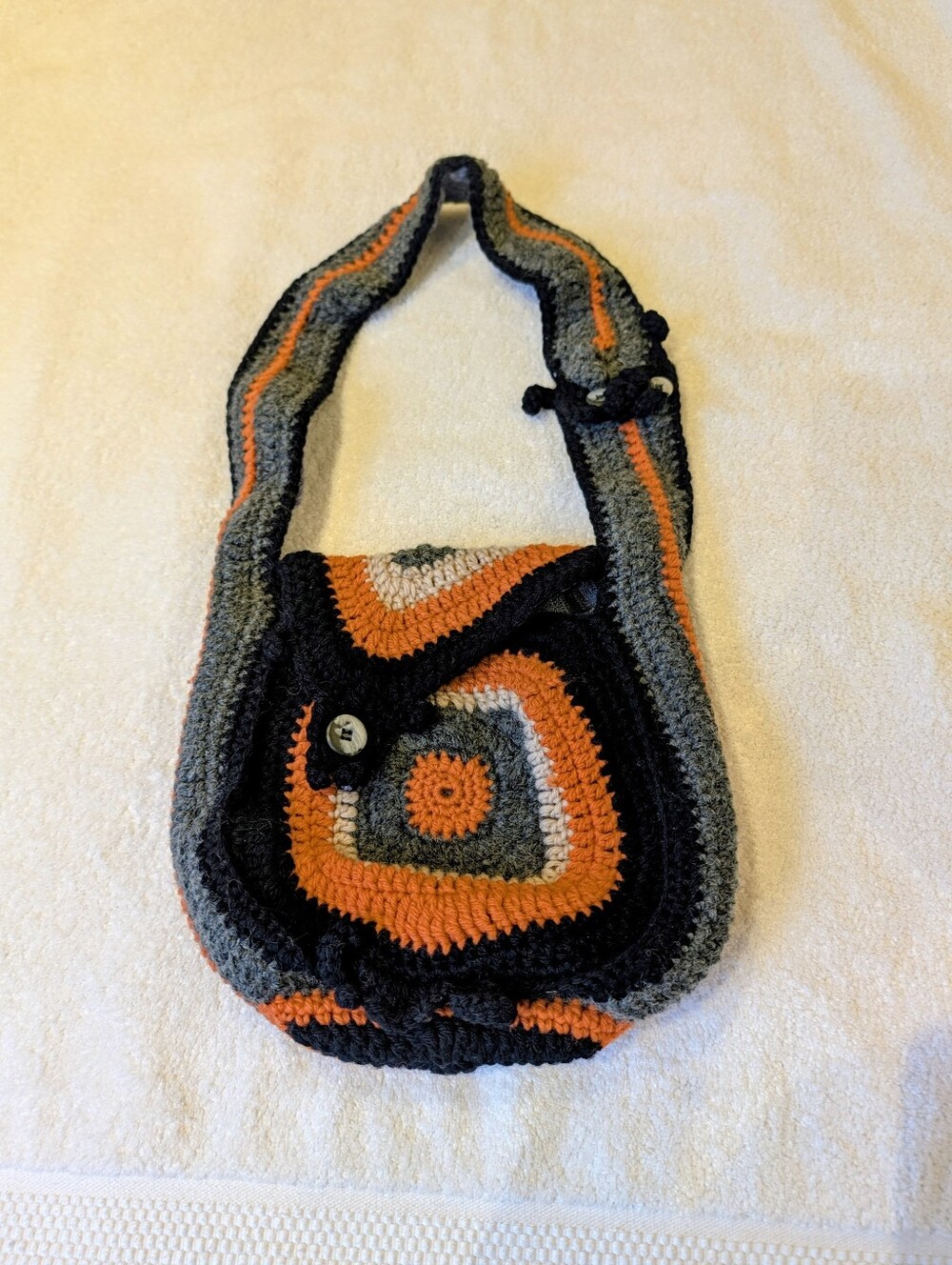 Handmade Crochet Boho Shoulder Bag Retro 70s Festival Purse Orange Black Lined
